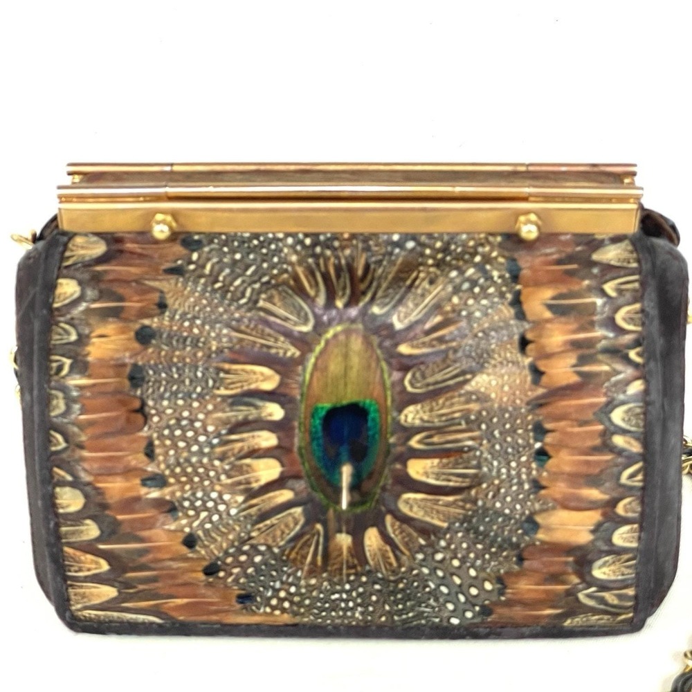 Vintage 70s Peacock Feather Purse Boho Box Bag Chain Strap Structured